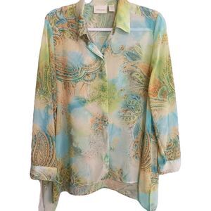 Chicos womens Sz M Button Down Blouse Hanky Hem Green Blue Yellow Sheer